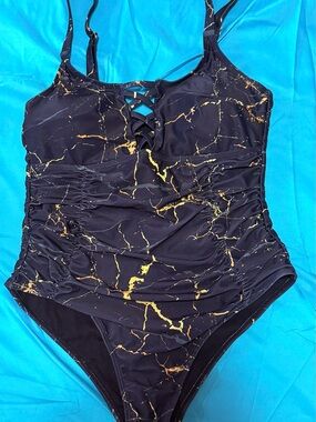NWOT woman’s designer Black One-Piece Swimsuit with Gold Marble Print size 12